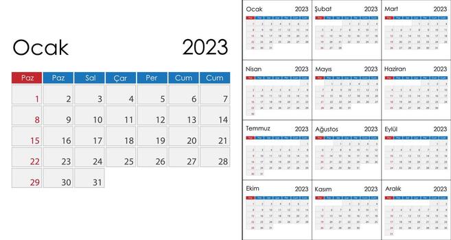 Calendar 2023 on Turkish language, week start on Sunday. Vector template
