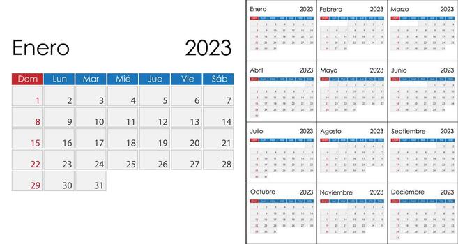 Calendar 2023 on Spanish language, week start on Sunday. Vector template
