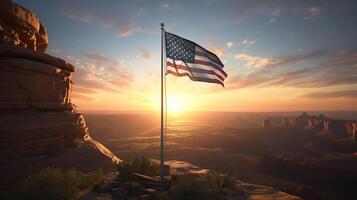 unido estados de America bandera ondulación en el viento a puesta de sol ai generado obra de arte foto