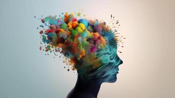 Conceptual image of a human head with colorful brain and autumn leaves. mental health concept artwork photo