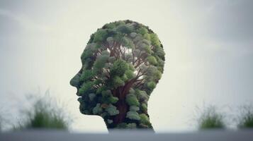 Conceptual image of a human head with colorful brain and autumn leaves. mental health concept artwork photo