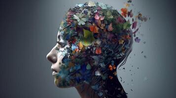 Conceptual image of a human head with colorful brain and autumn leaves. mental health concept artwork photo