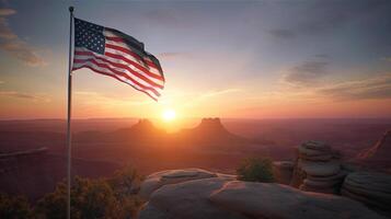 unido estados de America bandera ondulación en el viento a puesta de sol ai generado obra de arte foto