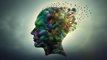 Conceptual image of a human head with colorful brain and autumn leaves. mental health concept artwork photo