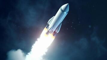 Rocket flying on a blue background. 3d render. Startup concept artwork photo