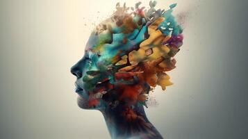 Conceptual image of a human head with colorful brain and autumn leaves. mental health concept artwork photo