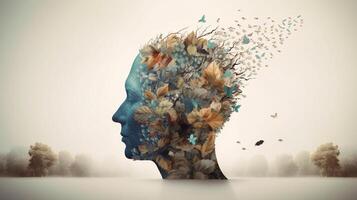 Conceptual image of a human head with colorful brain and autumn leaves. mental health concept artwork photo