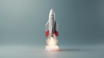 Rocket flying on a blue background. 3d render. Startup concept artwork photo