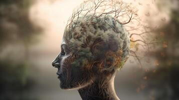 Conceptual image of a human head with colorful brain and autumn leaves. mental health concept artwork photo