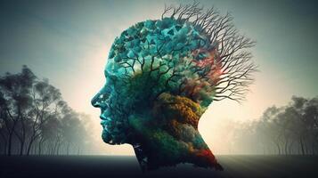 Conceptual image of a human head with colorful brain and autumn leaves. mental health concept artwork photo