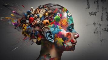 Conceptual image of a human head with colorful brain and autumn leaves. mental health concept artwork photo