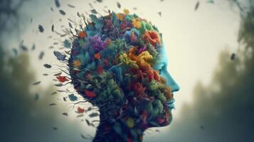 Conceptual image of a human head with colorful brain and autumn leaves. mental health concept artwork photo