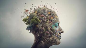 Conceptual image of a human head with colorful brain and autumn leaves. mental health concept artwork photo
