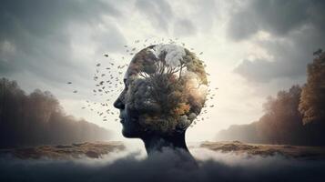 conceptual imagen de un humano cabeza con vistoso cerebro y otoño hojas. mental salud concepto ai generado obra de arte foto