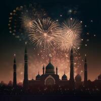 celebracion antecedentes con un mezquita y fuegos artificiales en el noche cielo. eid celebracion concepto ai generado obra de arte foto