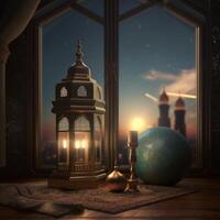 Ramadan Kareem greeting card. Arabic lanterns, moon and mosque at night. artwork photo