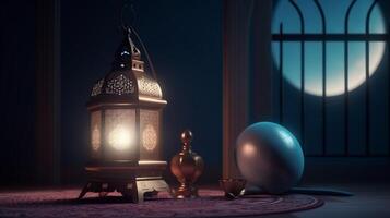 Ramadan Kareem greeting card. Arabic lanterns, moon and mosque at night. artwork photo