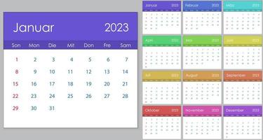 Calendar 2023 on German language, week start on Sunday. vector