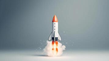 Rocket flying on a blue background. 3d render. Startup concept artwork photo