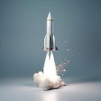 Rocket flying on a blue background. 3d render. Startup concept artwork photo