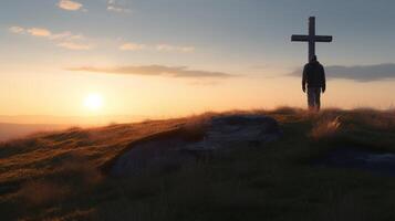 silueta de un hombre en pie en un montaña con un cruzar. ai generado obra de arte foto