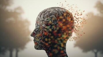 Conceptual image of a human head with colorful brain and autumn leaves. mental health concept artwork photo