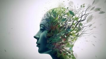 Conceptual image of a human head with colorful brain and autumn leaves. mental health concept artwork photo