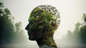 Conceptual image of a human head with colorful brain and autumn leaves. mental health concept artwork photo