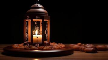 Ramadan Kareem greeting card. Arabic lanterns, moon and mosque at night. artwork photo