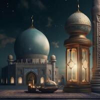 Ramadan Kareem greeting card. Arabic lanterns, moon and mosque at night. artwork photo