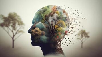 Conceptual image of a human head with colorful brain and autumn leaves. mental health concept artwork photo