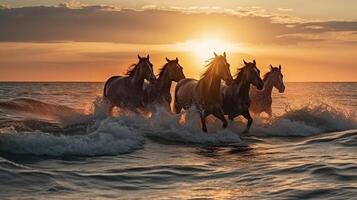 manada de caballos Galopando en el mar a puesta de sol en verano ai generado obra de arte foto