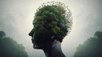 Conceptual image of a human head with colorful brain and autumn leaves. mental health concept artwork photo