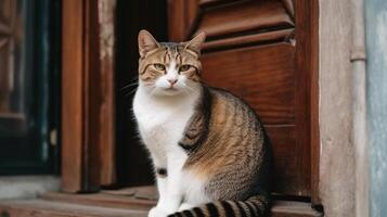 un encantador y mullido blanco gatito sentado abajo, ai generado Arte trabajo foto