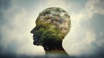 Conceptual image of a human head with colorful brain and autumn leaves. mental health concept artwork photo