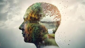 conceptual imagen de un humano cabeza con vistoso cerebro y otoño hojas. mental salud concepto ai generado obra de arte foto