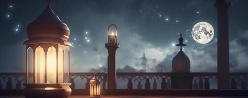 Ramadan Kareem greeting card. Arabic lanterns, moon and mosque at night. artwork photo