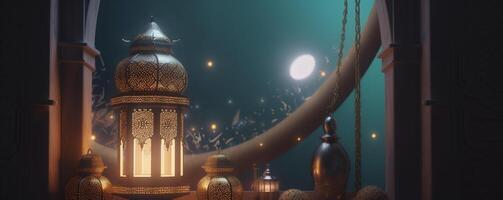 Ramadan Kareem greeting card. Arabic lanterns, moon and mosque at night. ai generated artwork photo