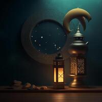 Ramadán kareem saludo tarjeta. Arábica linternas, Luna y mezquita a noche. ai generado obra de arte foto