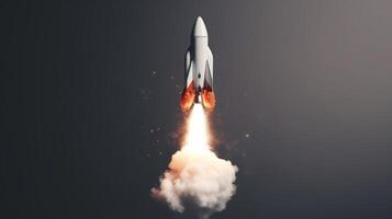 Rocket flying on a blue background. 3d render. Startup concept artwork photo