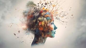 conceptual imagen de un humano cabeza con vistoso cerebro y otoño hojas. mental salud concepto ai generado obra de arte foto