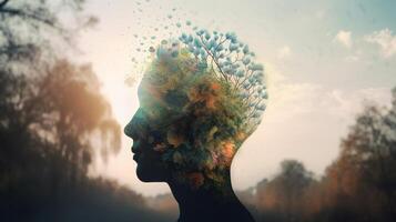 Conceptual image of a human head with colorful brain and autumn leaves. mental health concept artwork photo