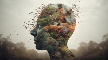 Conceptual image of a human head with colorful brain and autumn leaves. mental health concept artwork photo