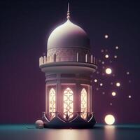 Ramadan Kareem greeting card. Arabic lanterns, moon and mosque at night. artwork photo