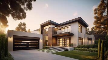 3d rendering of modern cozy house with garage for sale or rent with beautiful landscaping on background, real estate concept artwork photo