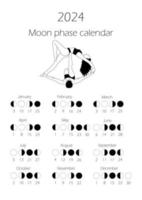 Moon phases calendar 2024 with couple doing yoga. Waning gibbous, Waxing crescent, New moon, Full moon with dates. vector