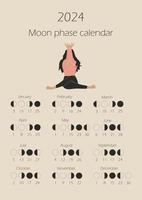 Moon phases calendar 2024 with a girl doing yoga. Waning gibbous, Waxing crescent, New moon, Full moon with dates. vector