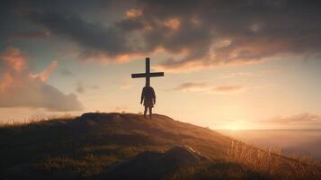 Silhouette of a man standing on a mountain with a cross. artwork photo