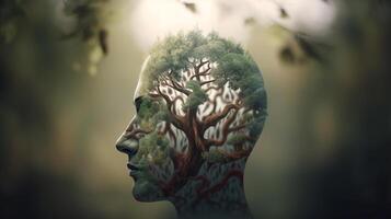 conceptual imagen de un humano cabeza con vistoso cerebro y otoño hojas. mental salud concepto ai generado obra de arte foto