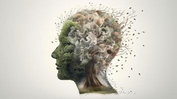 Conceptual image of a human head with colorful brain and autumn leaves. mental health concept artwork photo